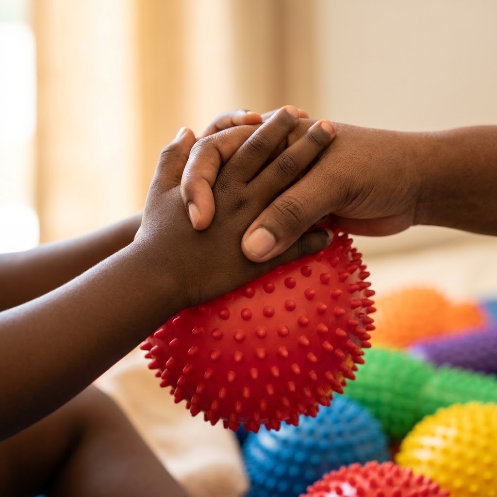 Child and adult hands holding a sensory ball