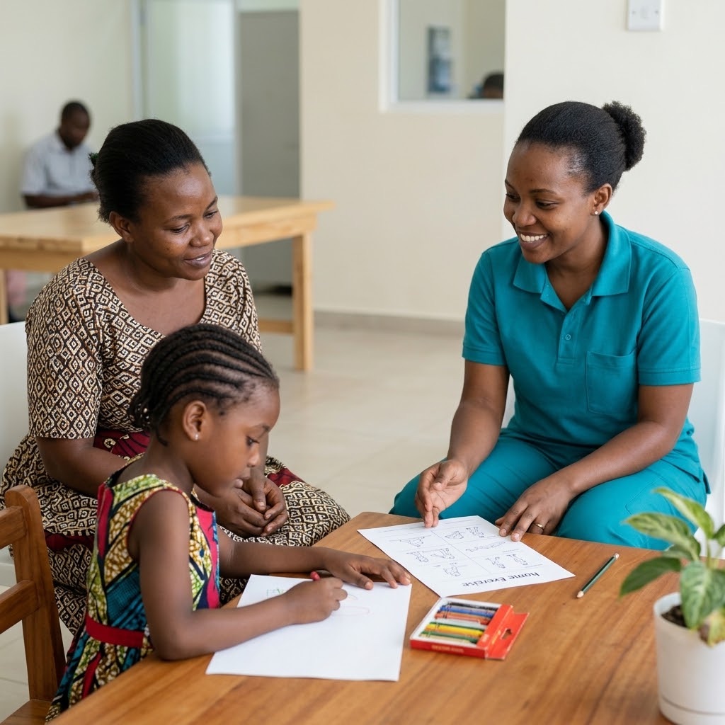 Family and physiotherapist reviewing a home exercise plan with a child